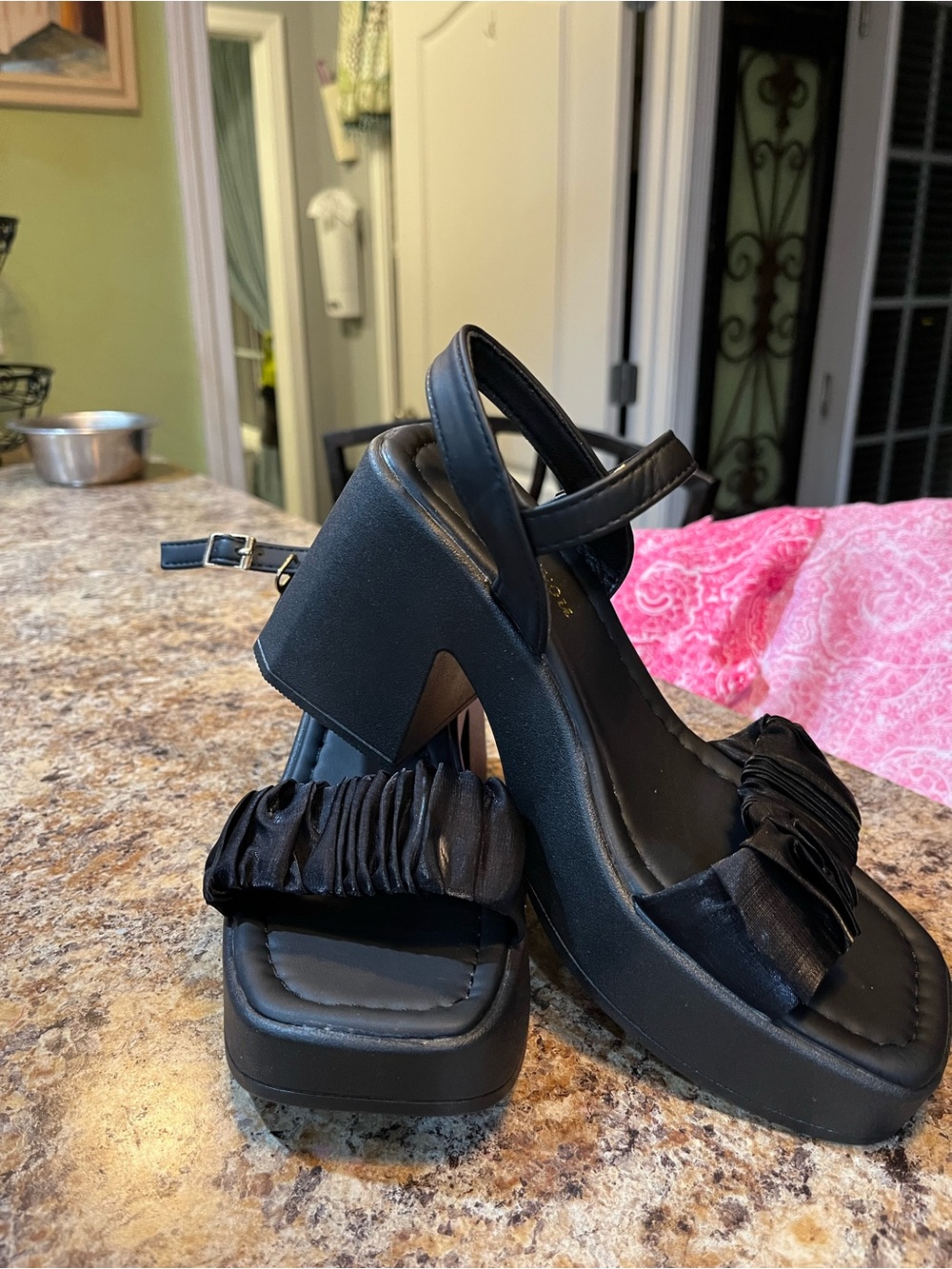 Black Ruched Strap Platform Block Heel Sandals